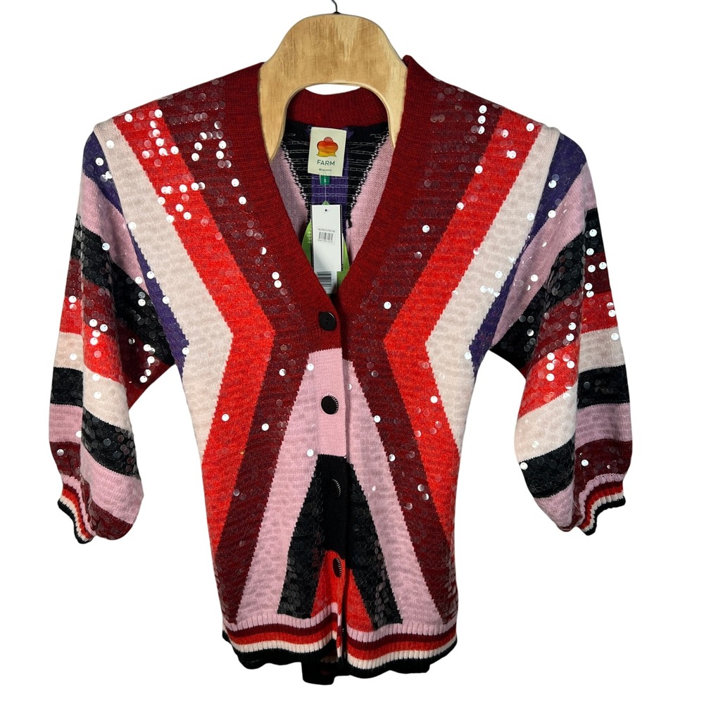 Farm Rio Cardigan Women Small Multicolor Sequin Colorful Stripes Knit Belted